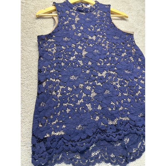 Rose + Olive Navy Blue Lace Crochet Mock Neck‎ Sleeveless Lined Top Women's M - Picture 12 of 14